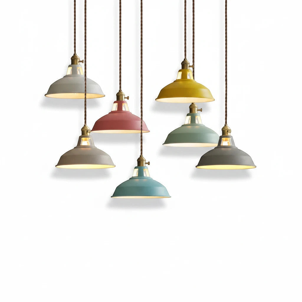 Lysverden Macaron pendant lights in assorted pastel colors with retro barn-style metal domes and wooden top details.