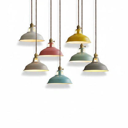 Lysverden Macaron pendant lights in assorted pastel colors with retro barn-style metal domes and wooden top details.