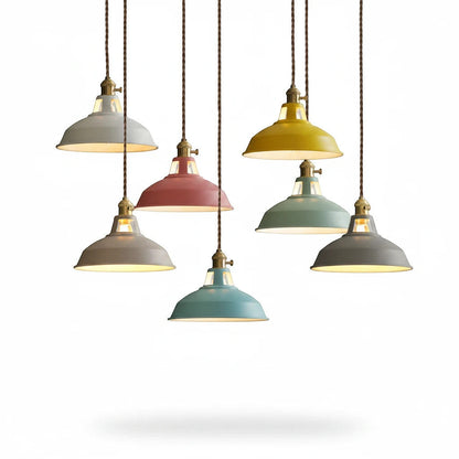 Lysverden Macaron pendant lights in various pastel colors with retro barn-style metal domes and wooden top details.