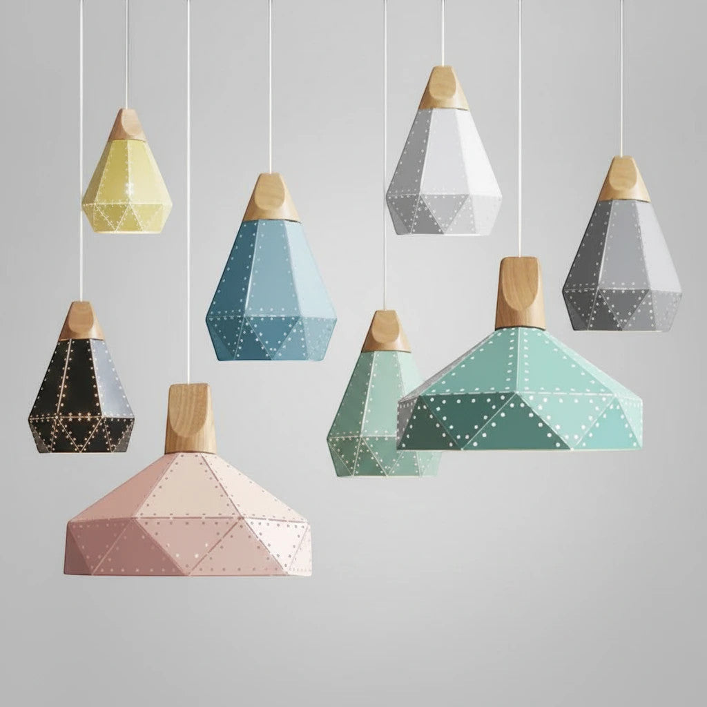 Lysverden MACARON pendant lamps in various pastel and neutral colors with faceted metal shades and oak wood tops.