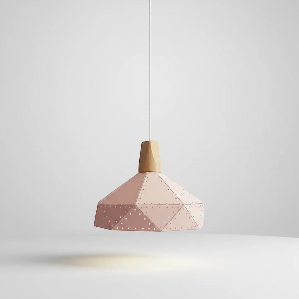 Lysverden MACARON pendant lamp in soft pink powder-coated metal with a natural oak wood top and faceted design.