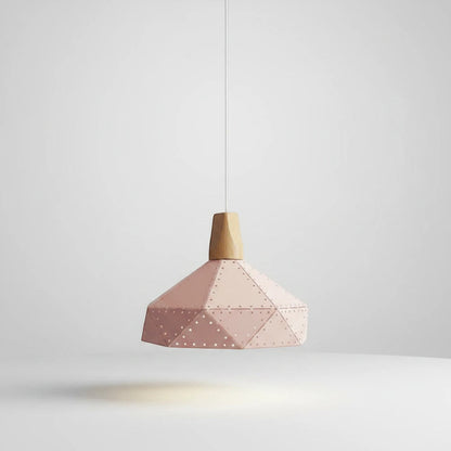 Lysverden MACARON pendant lamp in soft pink powder-coated metal with a natural oak wood top and faceted design.