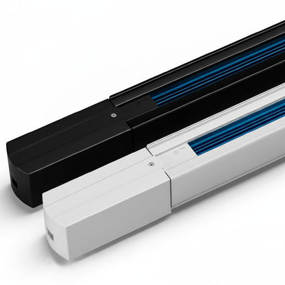 Lysverden modular magnetic track lighting system in black and white, 48V, aluminum with blue interior.