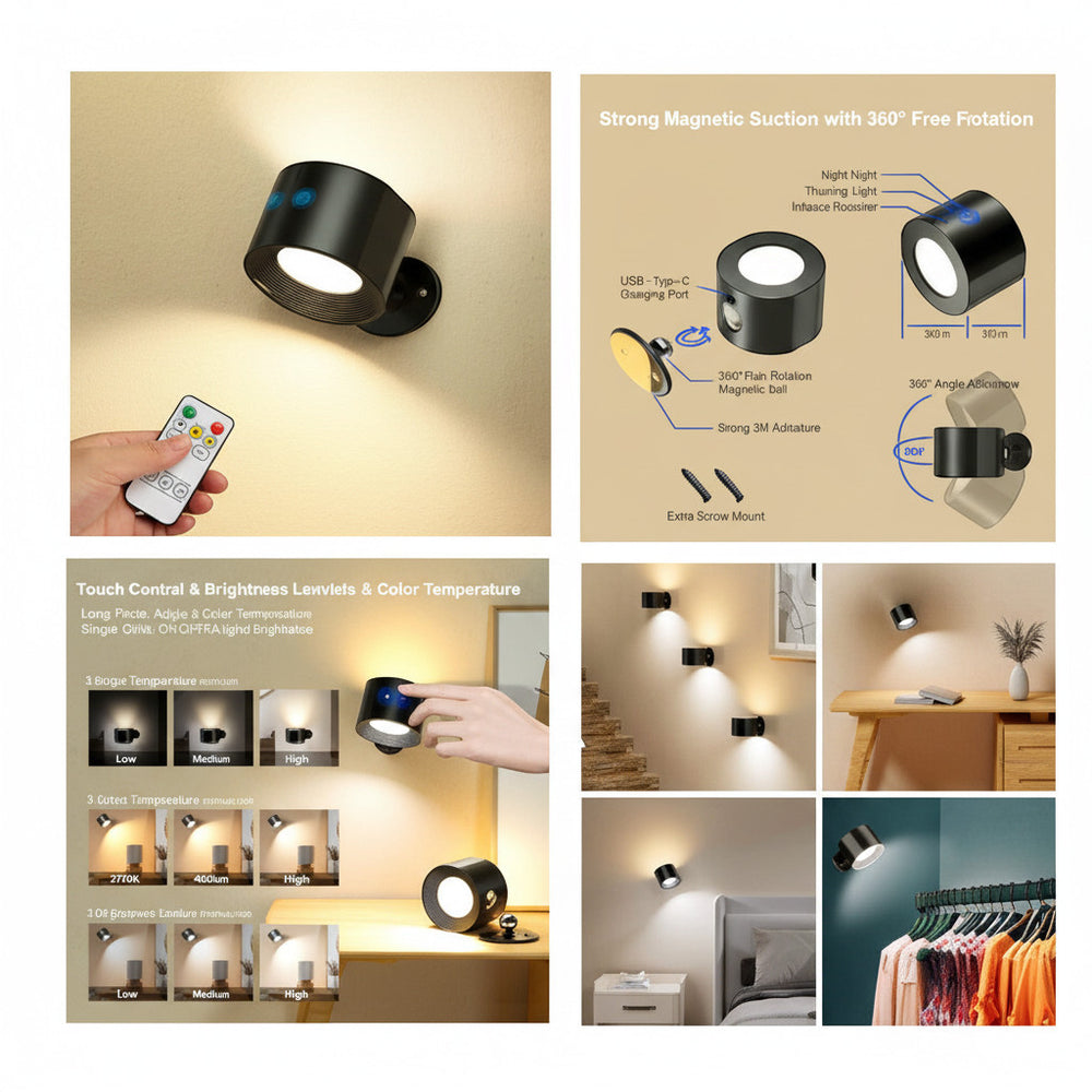 Lysverden black magnetic wall spotlight with 360° rotation, touch control, remote, and 3 color temperatures.