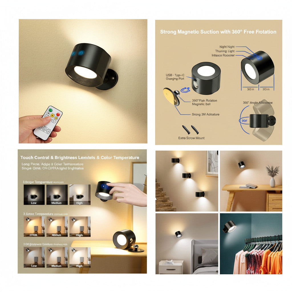 Lysverden black magnetic wall spotlight with 360° rotation, touch control, remote, and 3 color temperatures.
