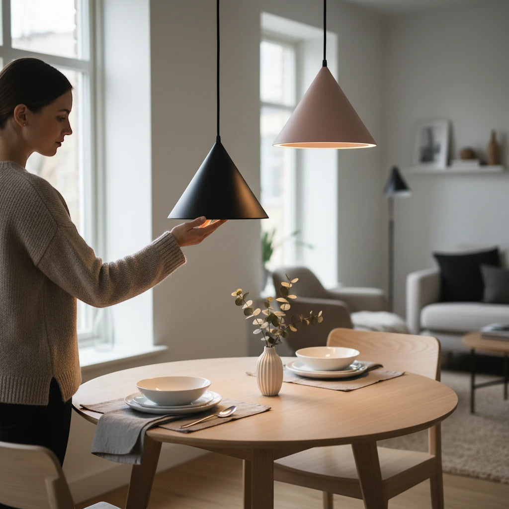 Lysverden matte black and pink conical pendant lights hanging over a wooden dining table in a modern Nordic interior.