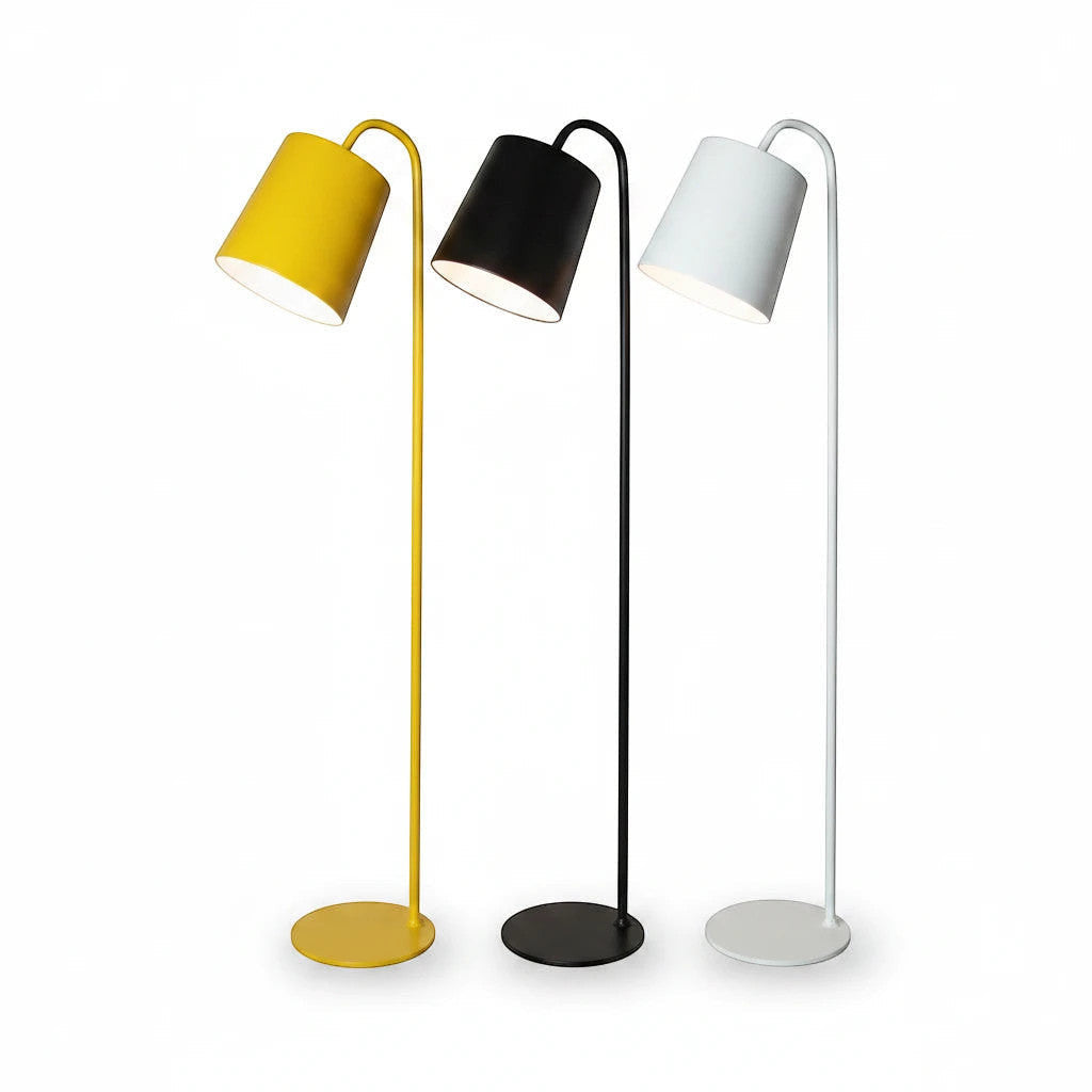 Lysverden floor lamps with cone shades in yellow, black, and white metal, featuring a minimalist Scandinavian design.