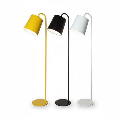 Lysverden floor lamps with cone shades in yellow, black, and white metal, featuring a minimalist Scandinavian design.