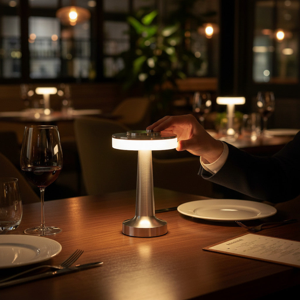 Lysverden brushed metal disc-top table lamp with 3-level touch dimmer and warm LED light.