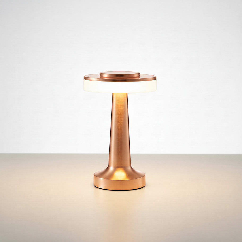 Lysverden brushed metal disc-top table lamp with touch sensor and 3 brightness levels.