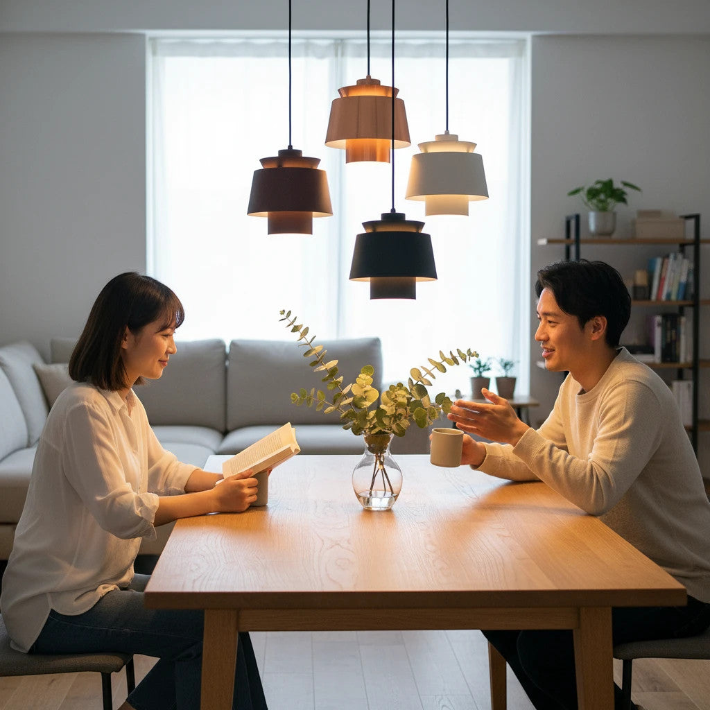 Lysverden metal drum pendant lights in black, gold, and white hanging over a dining table with a couple sitting.