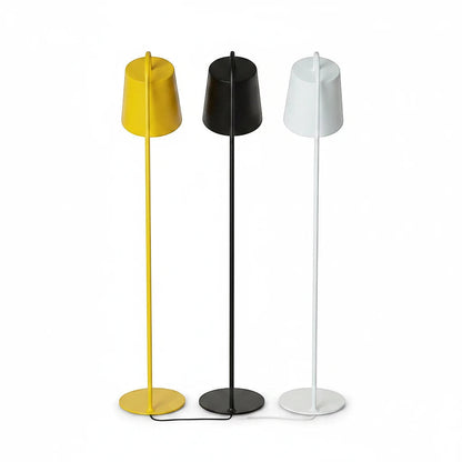 Lysverden floor lamps with cone shades in yellow, black, and white metal, featuring a minimalist Scandinavian design.