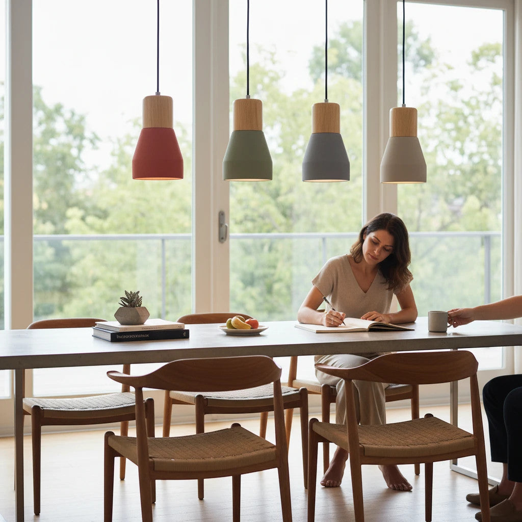 Lysverden small metal pendant lights with wooden tops hanging in a row above a dining table in a bright modern home.