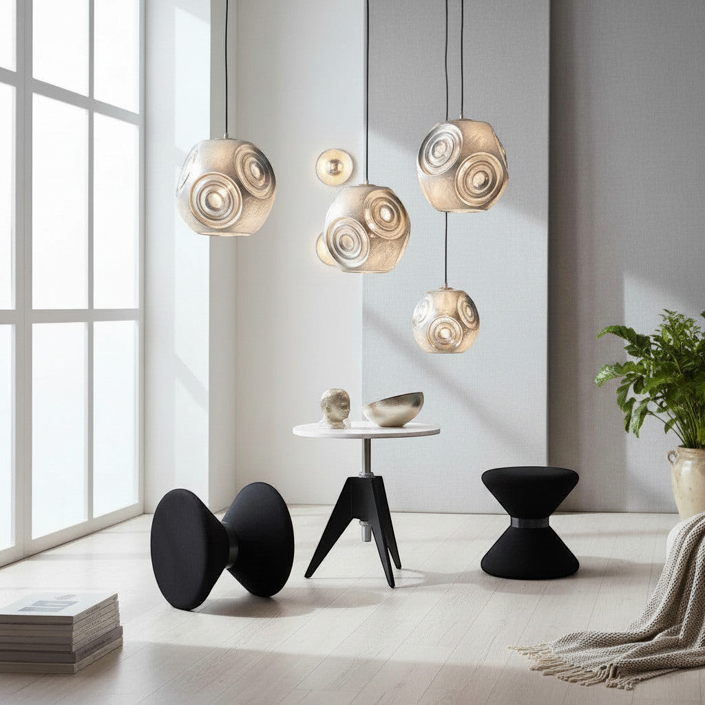 Lysverden sculptural metallic pendant lights with faceted surfaces hanging in a modern, bright living room interior.