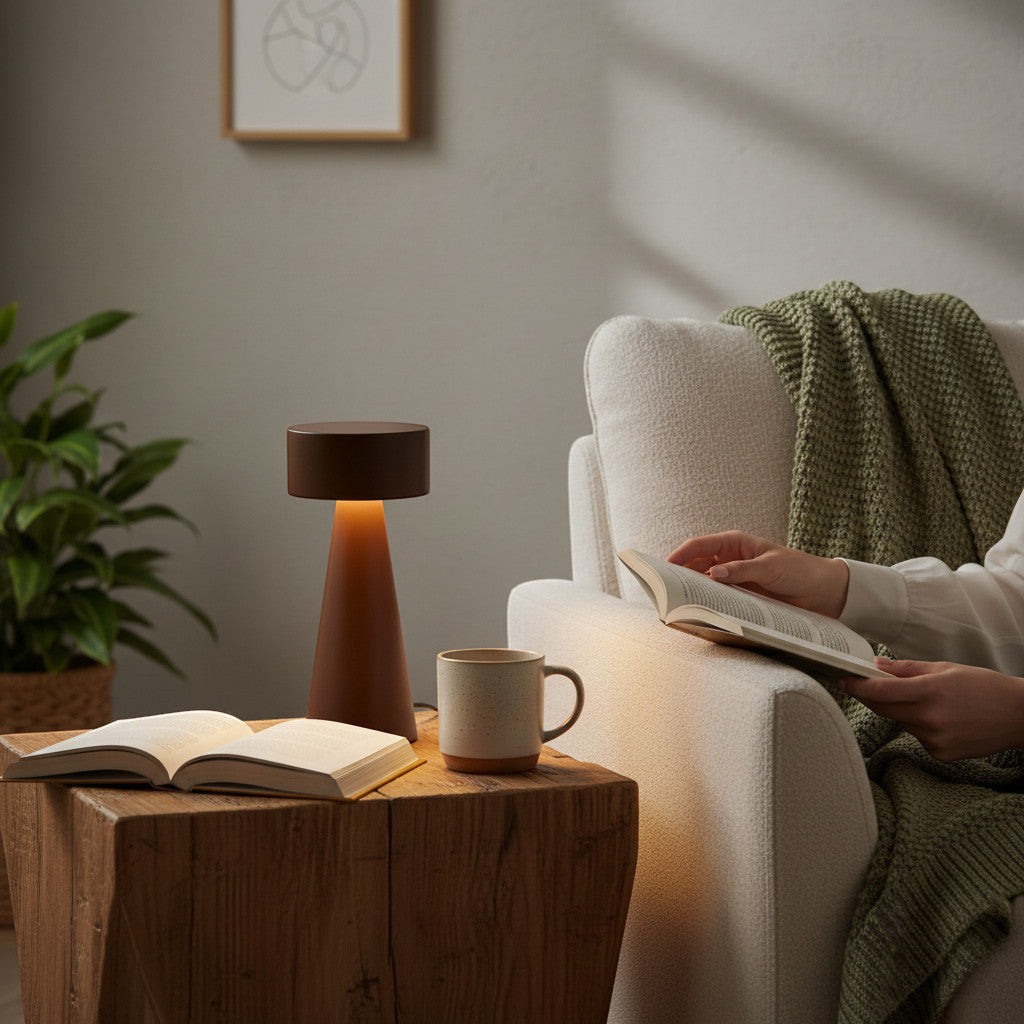 Lysverden mini cylindrical cordless table lamp in dark brown aluminum with touch controls and 3-level dimming.
