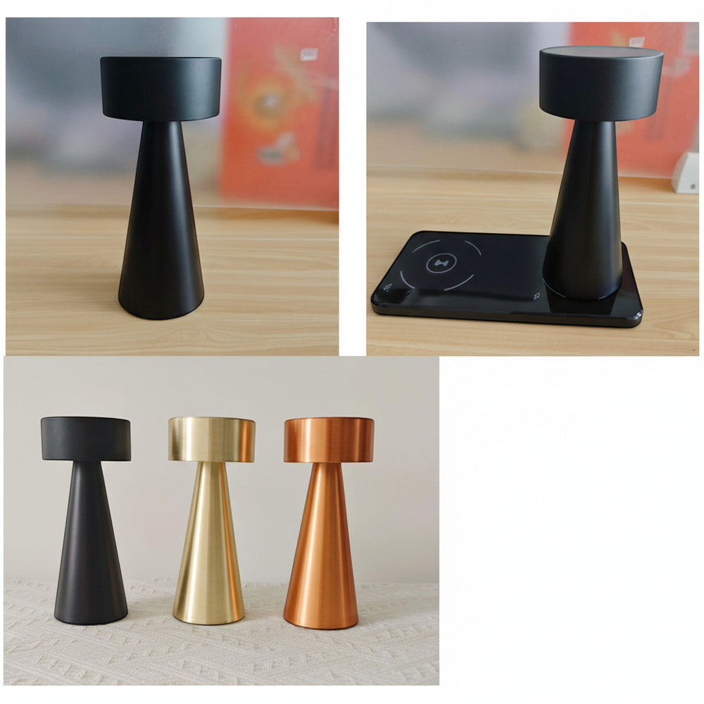 Lysverden mini cylindrical cordless table lamp in black, gold, and copper finishes. Features touch control and Qi wireless charging.