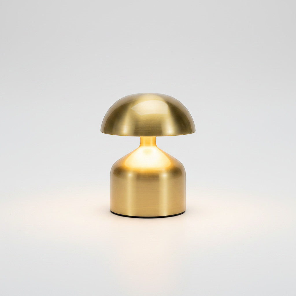 Lysverden mini mushroom table lamp in brushed brass metal with 3-level touch control and warm light.