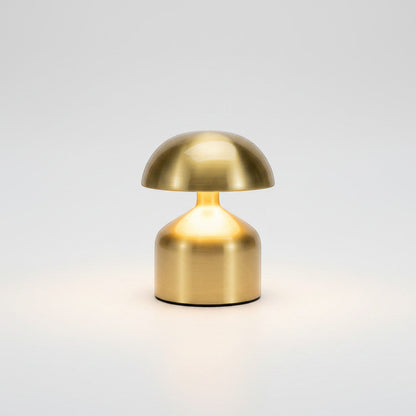 Lysverden mini mushroom table lamp in brushed brass metal with 3-level touch control and warm light.