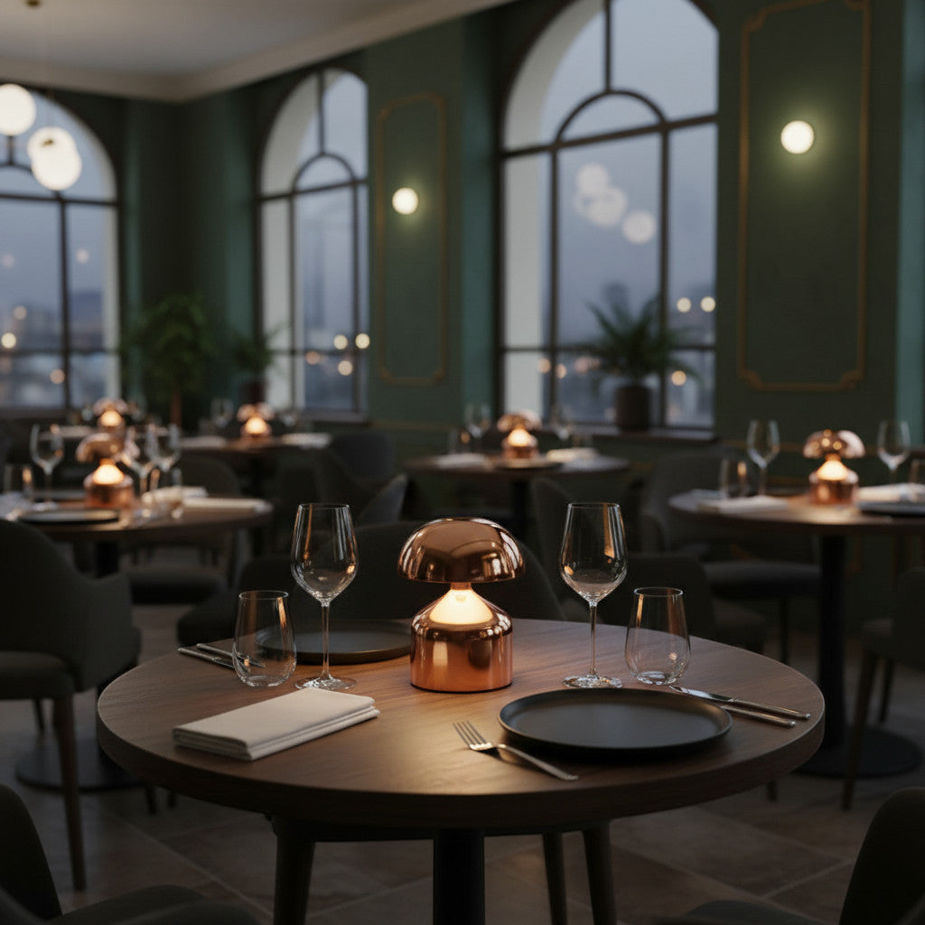 Lysverden mini mushroom table lamp in polished copper metal with touch control and 3 brightness levels.