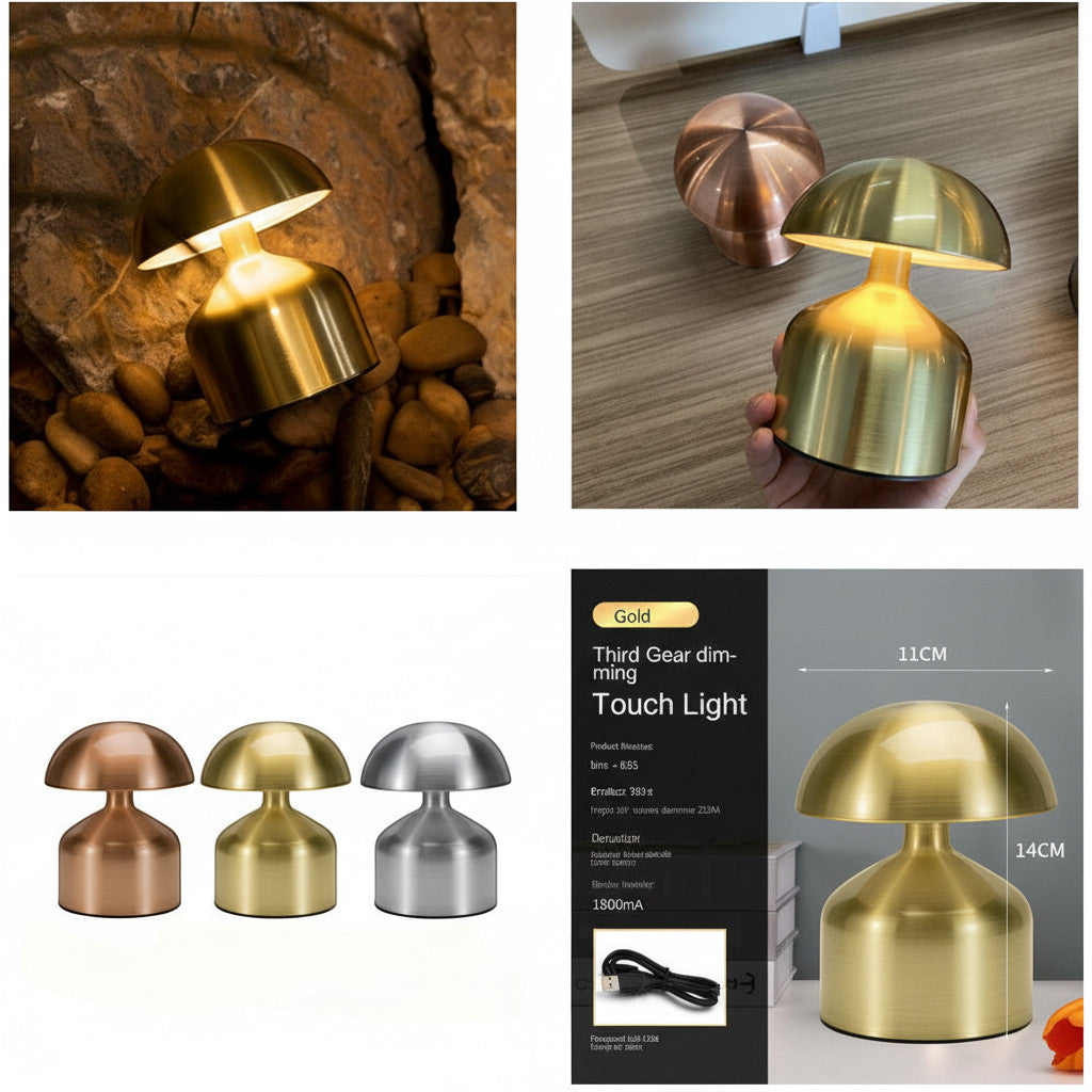 Lysverden mini mushroom metal table lamp with touch control and 3 brightness levels in gold finish.