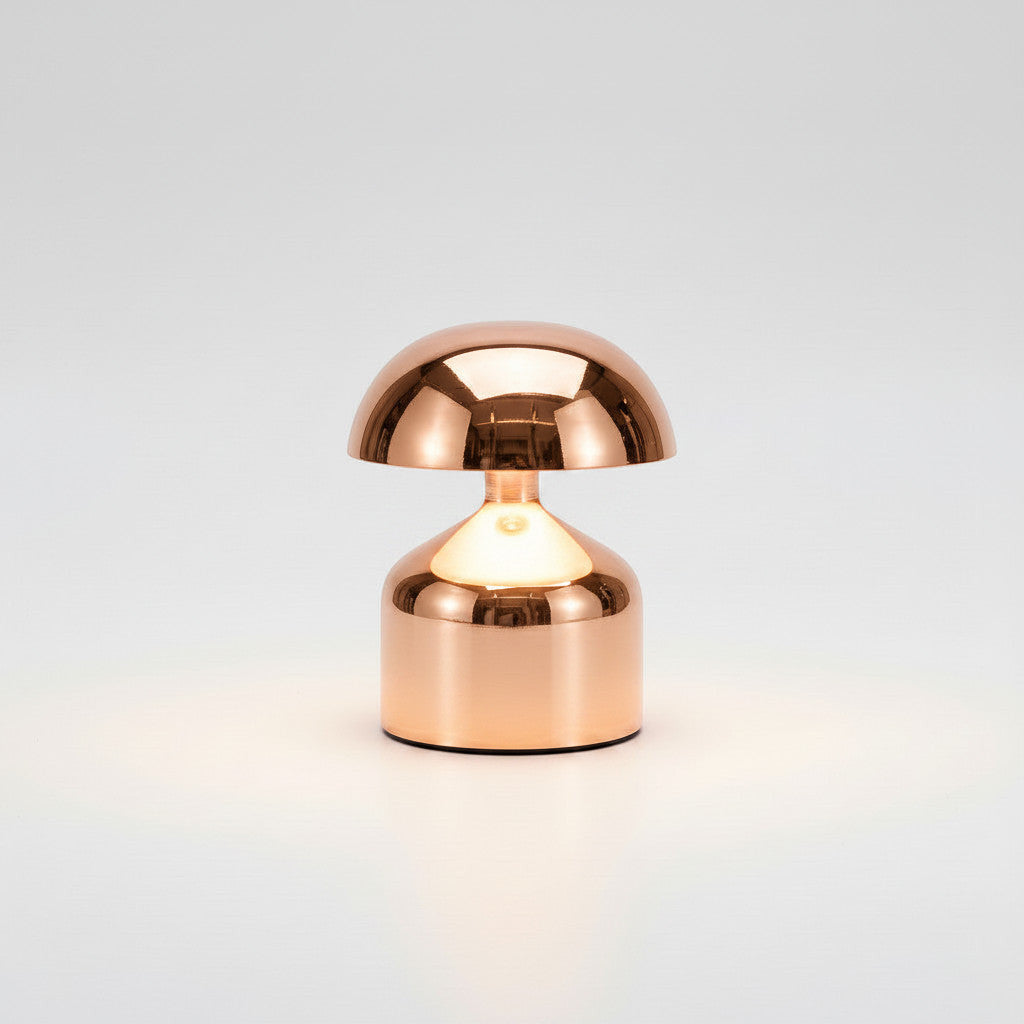 Lysverden mini mushroom table lamp in chrome metal with 3-level touch control and warm light.