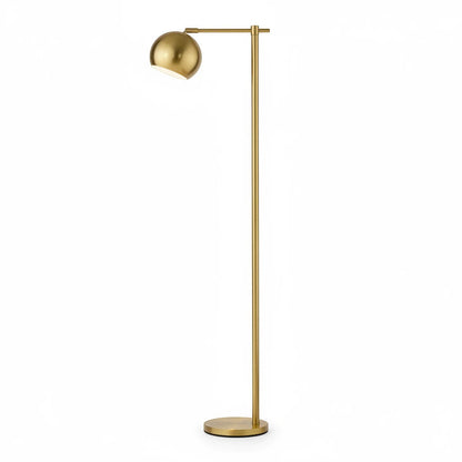 Lysverden Minimal gulvlampe i gullfarget messing med slank stamme, rund fot og justerbart, vippbart spothode.