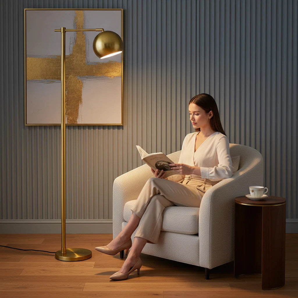 Lysverden minimalistisk gullfarget gulvlampe med justerbart hode som lyser opp en kvinne som leser i en moderne stue.