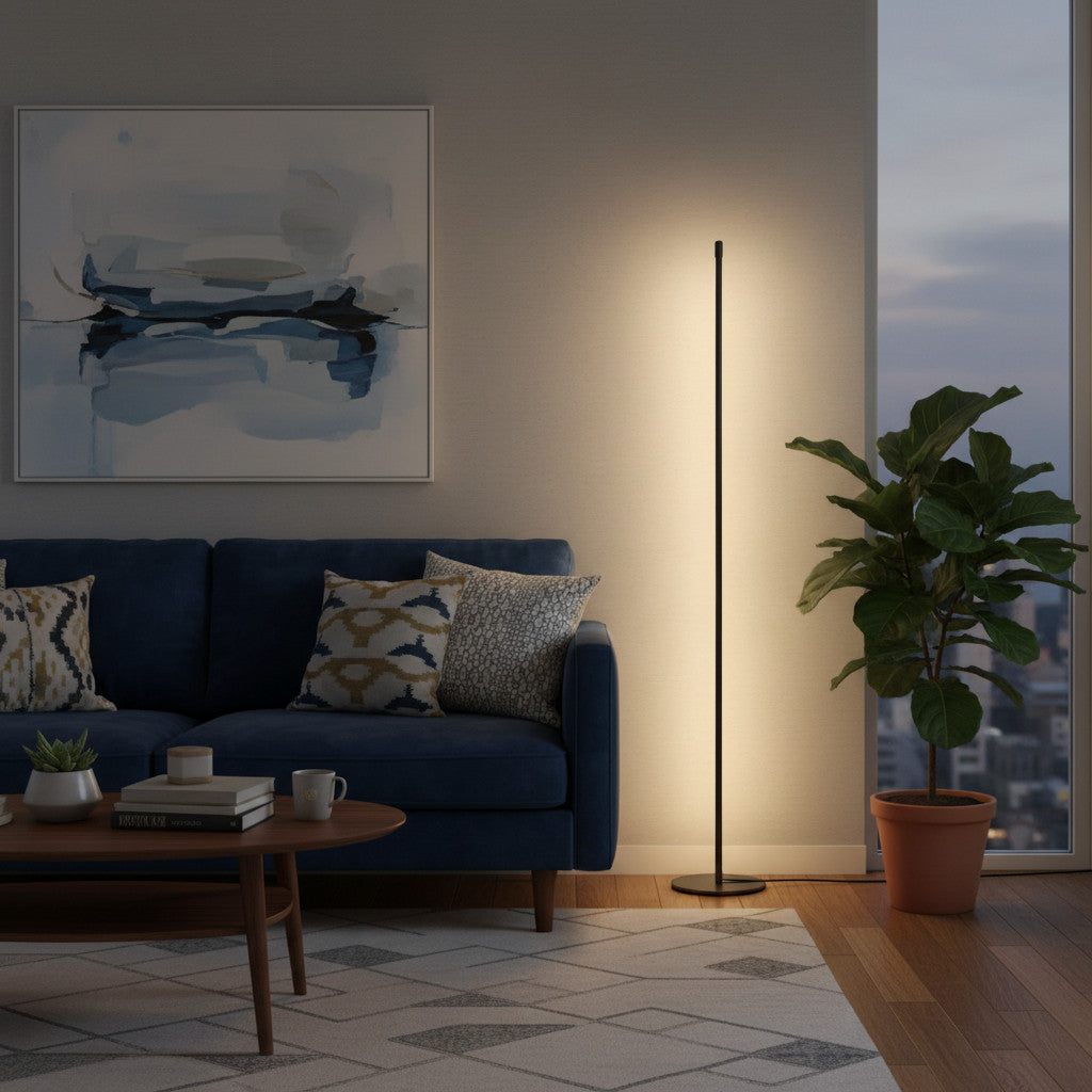Lysverden minimalist black LED floor lamp standing in a modern living room corner providing soft ambient light