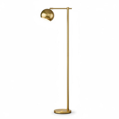 Lysverden minimalistisk gulvlampe i gullfarget metall med slank stamme, rund fot og et justerbart, vippbart lyshode.