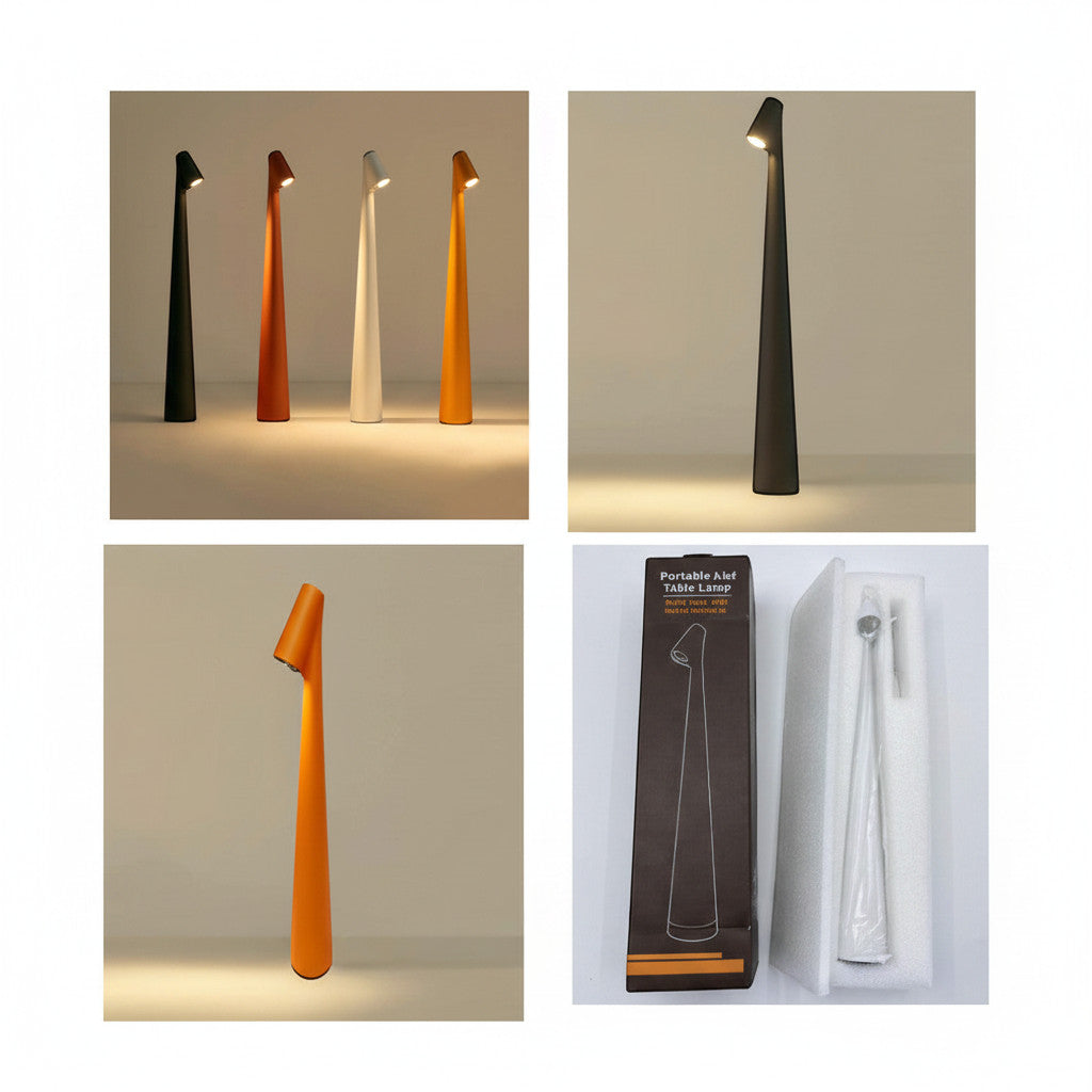 Lysverden modern cone-shaped cordless table lamp in aluminum, 3-level dimming, touch control, 3000K warm light.