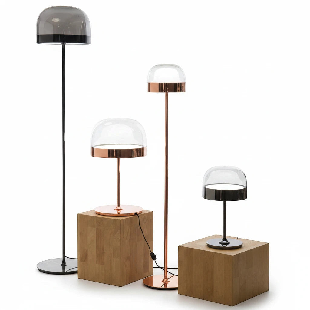 Lysverden collection of modern floor and table lamps with glass domes and metallic bases in various heights