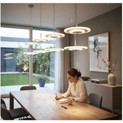 Lysverden modern LED pendant light with multiple white circular heads and chrome details hanging over a dining table.