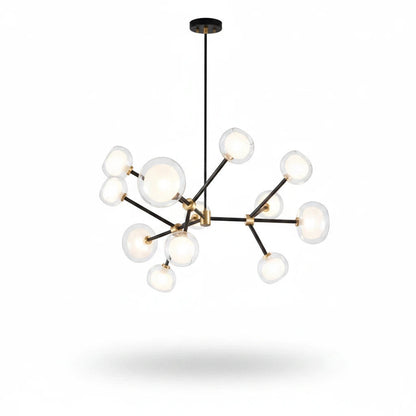 Lysverden Molekyl chandelier with black and gold arms and multiple opal glass globes for elegant modern lighting.