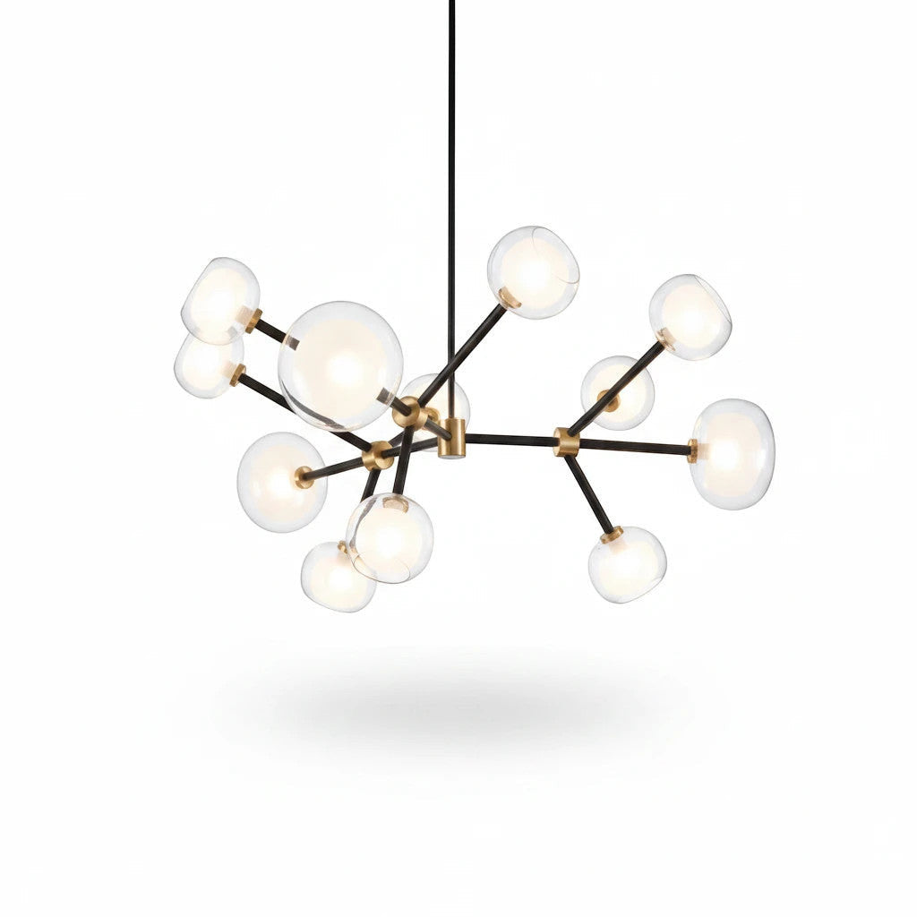 Lysverden Molekyl chandelier with opal glass globes on black and gold metal arms, creating a modern sculptural design.