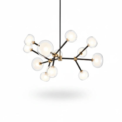 Lysverden Molekyl chandelier with opal glass globes on black and gold metal arms, creating a modern sculptural design.