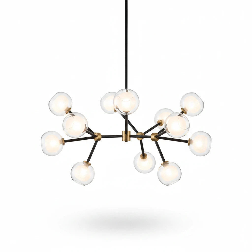 Lysverden Molekyl chandelier with opal glass globes on a branched black and gold metal frame