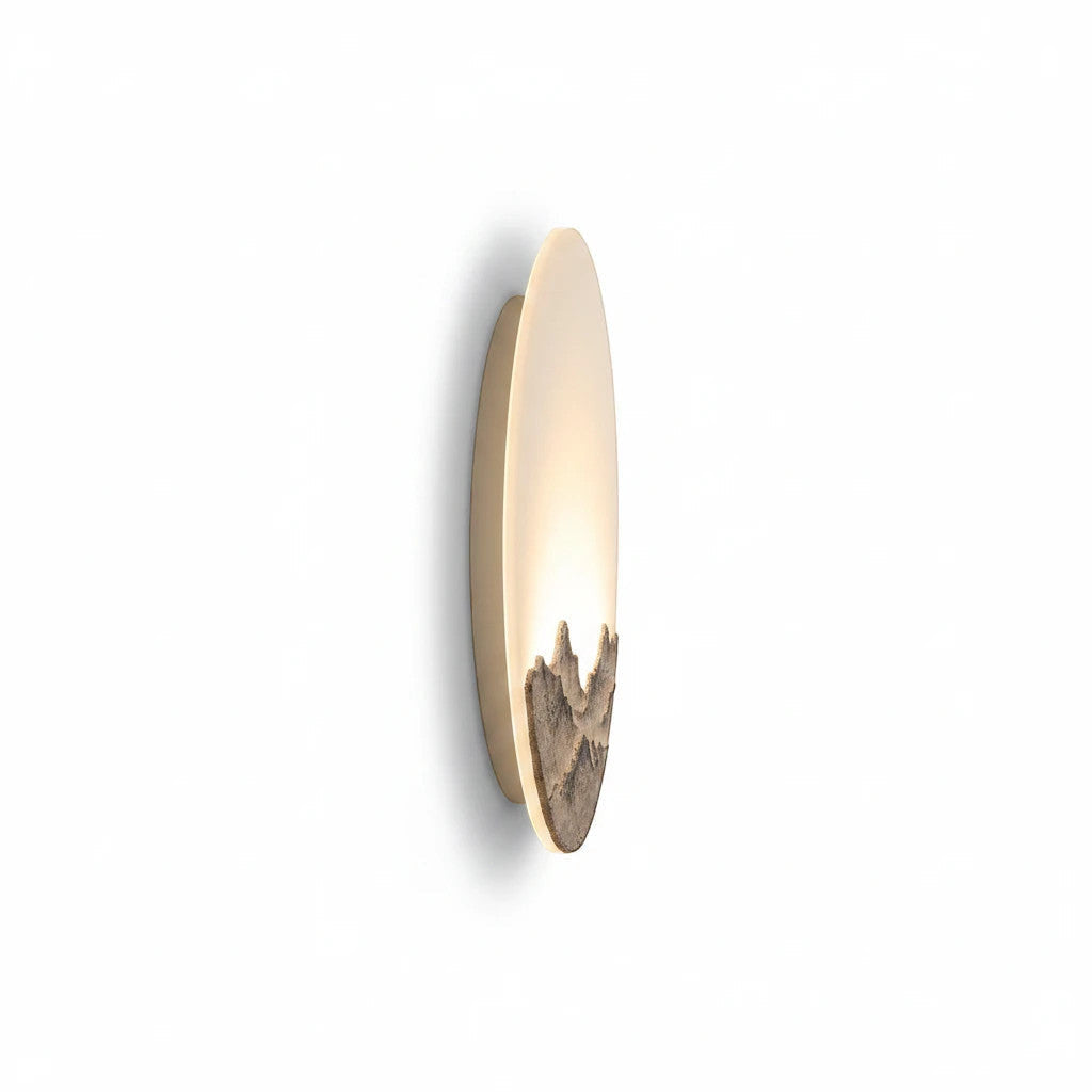 Lysverden round wall lamp with a 3D mountain relief and warm LED moonlight glow in a Japandi style.