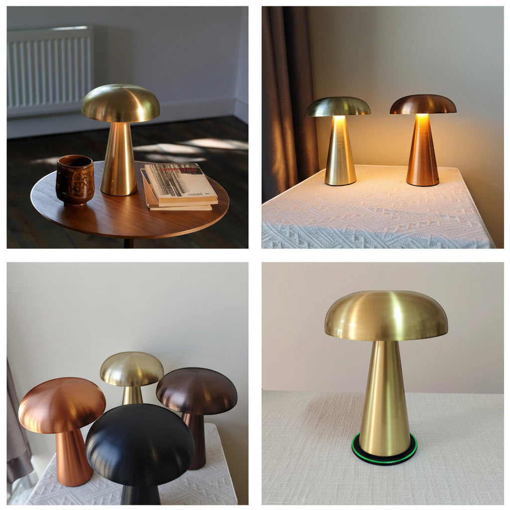 Lysverden mushroom table lamp in gold aluminum with a dome shade, touch control, and 4 color temperatures.