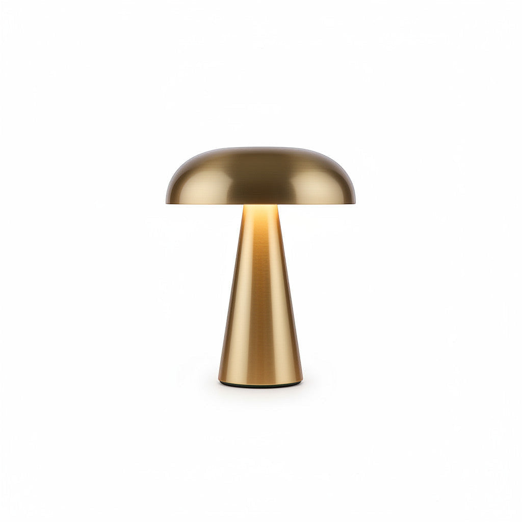 Lysverden mushroom table lamp in brushed gold aluminum with a touch-sensitive base and 4 color temperatures.