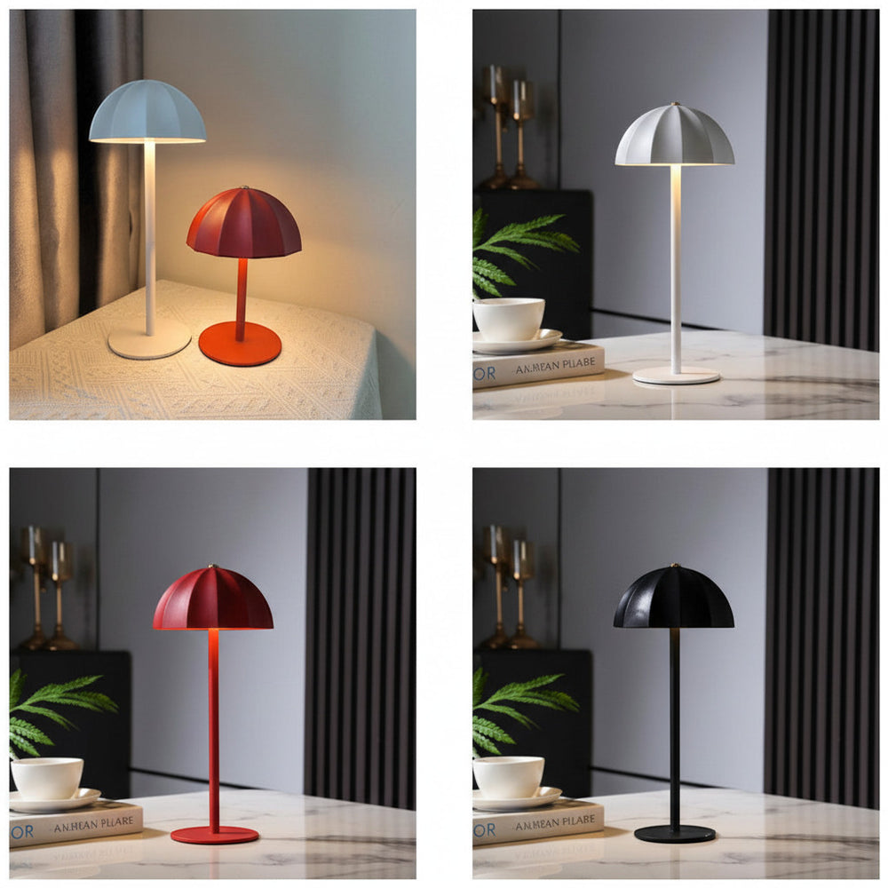 Lysverden mushroom-shaped metal table lamp with segmented shade, touch control, dimmable, 3 color temps, 2000mAh battery.
