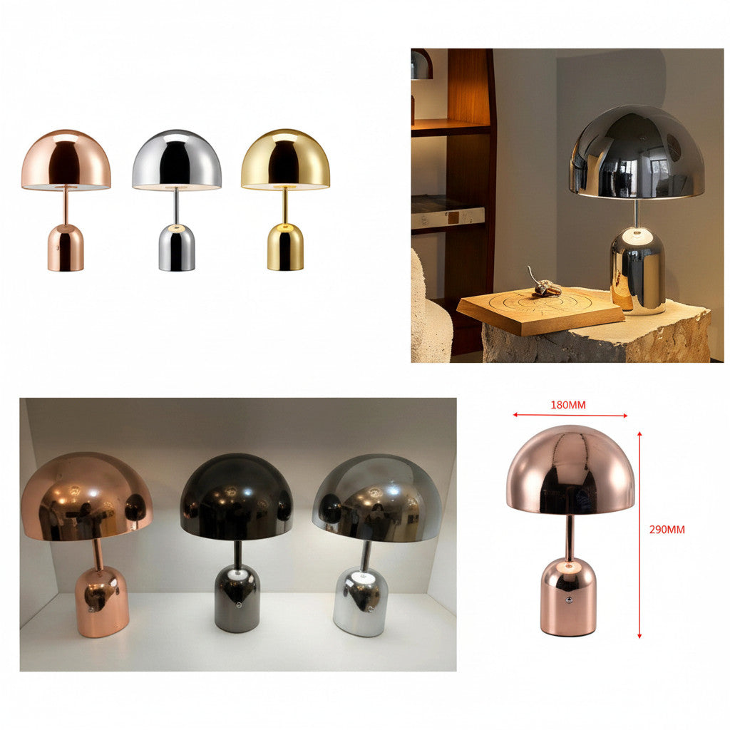 Lysverden mushroom-shaped rechargeable metal table lamp with touch control, dimmable, 3 color temperatures, in rose gold, black, and silver.