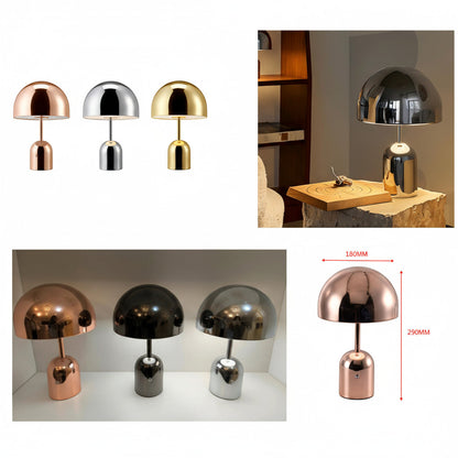 Lysverden mushroom-shaped rechargeable metal table lamp with touch control, dimmable, 3 color temperatures, in rose gold, black, and silver.