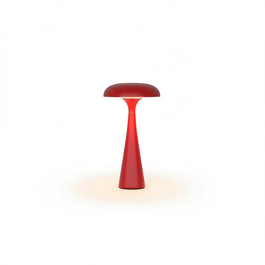 Lysverden mushroom-shaped table lamp in red, yellow, and green. Rechargeable, touch-controlled, 3 color temperatures, dimmable.