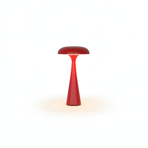 Lysverden mushroom-shaped table lamp in red, yellow, and green. Rechargeable, touch-controlled, 3 color temperatures, dimmable.