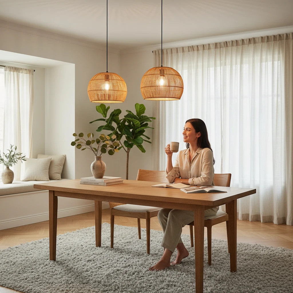Lysverden handwoven natural rattan pendant lamps hanging over a wooden dining table in a bright Japandi style room.