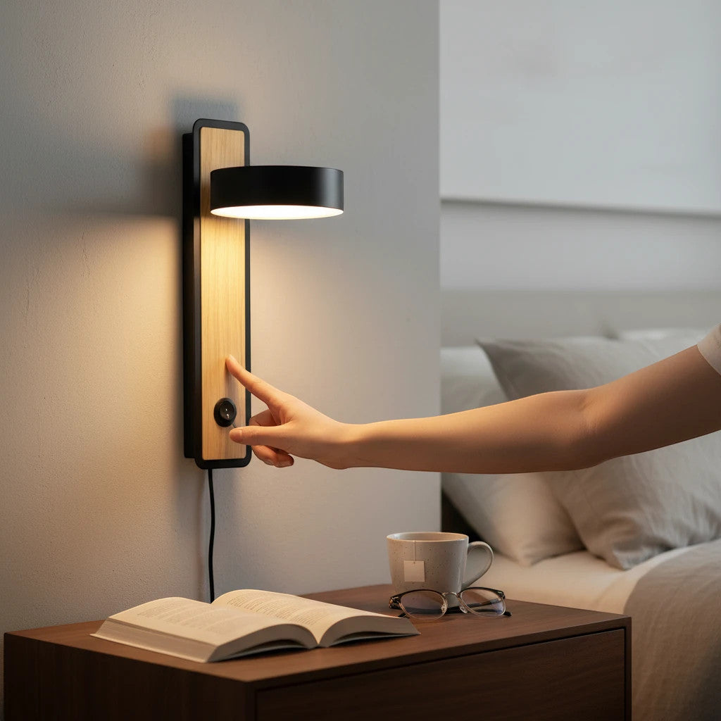 Lysverden Nordic wall lamp in black and wood with adjustable head and integrated switch mounted by a bedside table