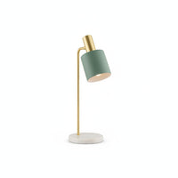 Lysverden Nordic desk lamp with marble base, brass neck, and green metal cylinder. Adjustable shade, E27 socket.