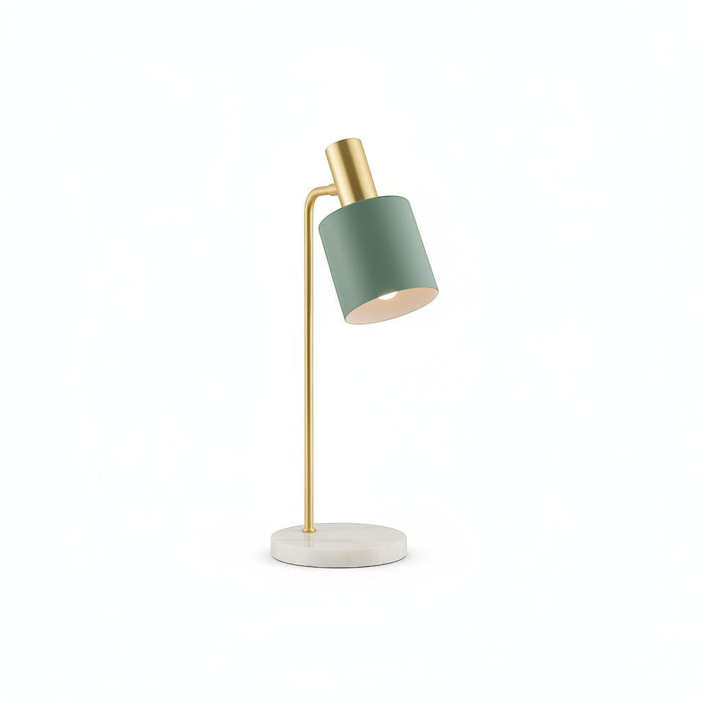 Lysverden Nordic desk lamp with marble base, brass neck, and green metal cylinder. Adjustable shade, E27 socket.