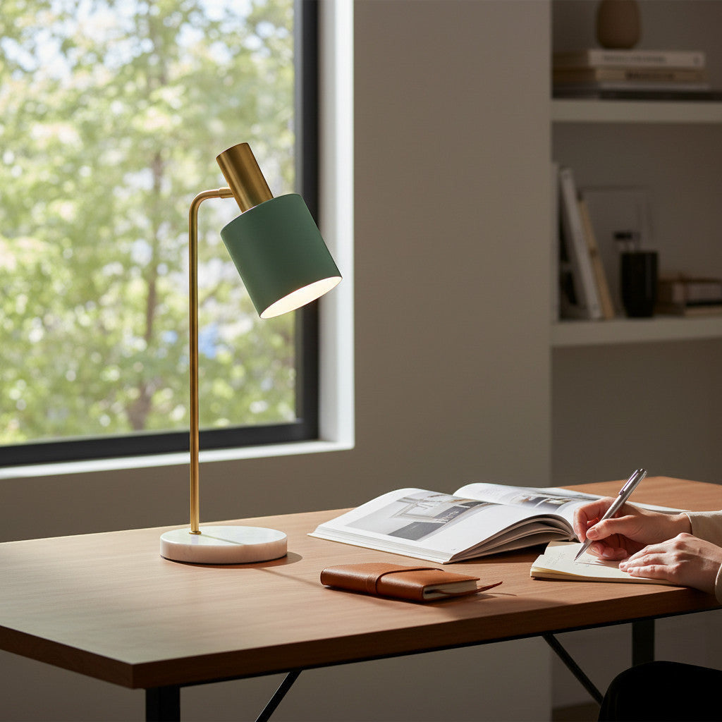 Lysverden Nordic desk lamp with adjustable green metal shade, brass neck, and white marble base. E27 socket.