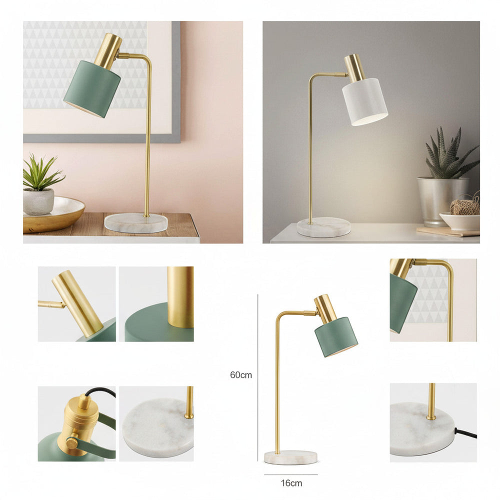 Lysverden Nordic desk lamp with green metal cylinder, brass neck, and marble base. Adjustable shade, E27 socket.